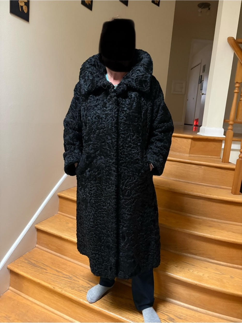 Black Long Natural astrakhan  Fur Coat - Women's Elegant Winter Coat